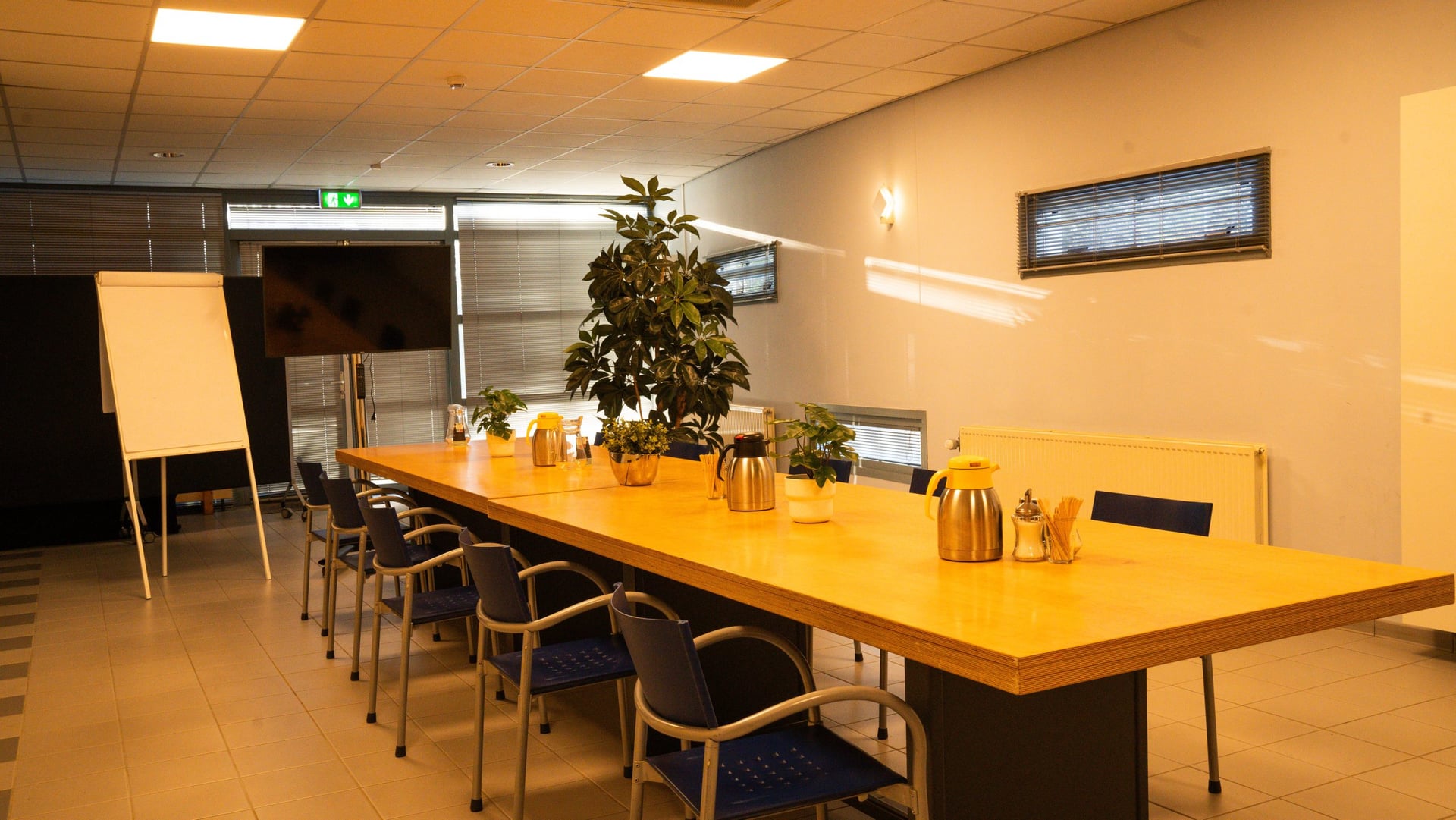 Grote vergaderzaal met lange tafel, koffie en daglicht