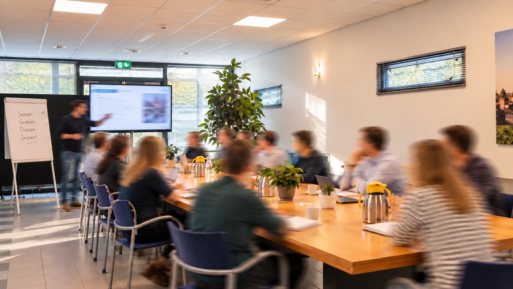 Een vergadering in de grote vergaderzaal, met presentatie op het tv-scherm en koffiekannen op tafel