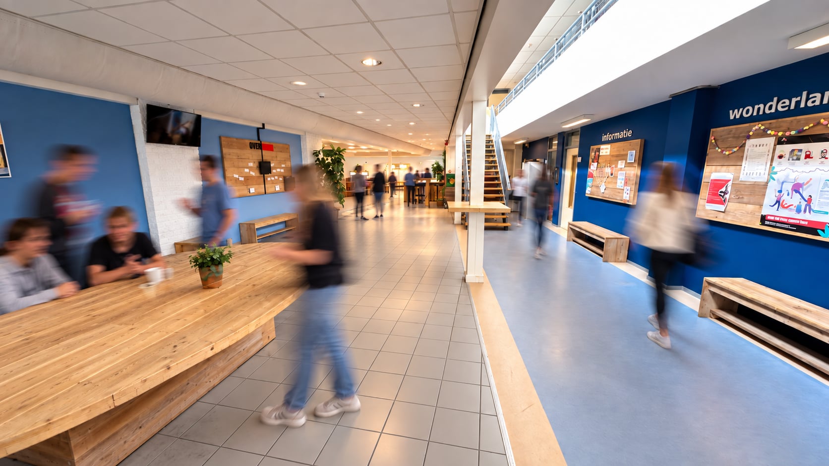 De ontmoetingsruimte in bedrijf, met gasten rond de lange houten tafels en in de centrale hal